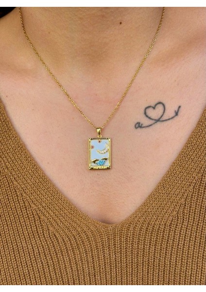 14K Gold Ay Temalı Tarot Kartı Çelik Kolye