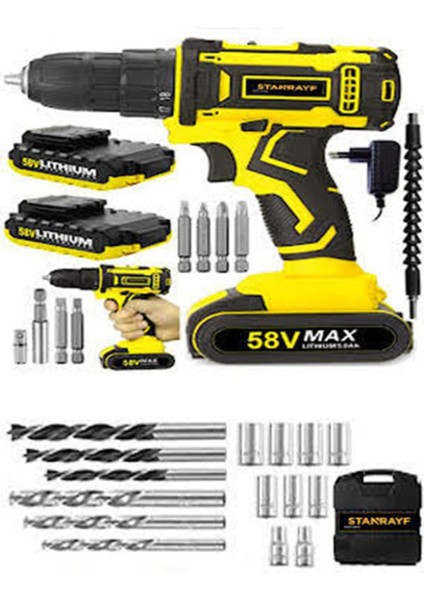 Alman 58 V 8 Ah Darbeli Metal Dişli Şanzıman Çift Akülü Şarjlı Vidalama Matkap 24 Prc Set