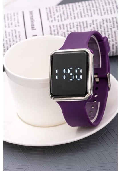 Kadın Gümüş Dokunmatik Mor Renk Silikon Kordon Dijital LED Kol Saati ST-304227