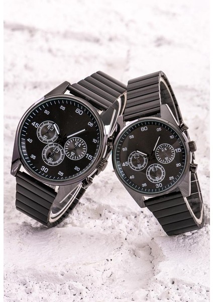Çift Siyah Çelik Kordon Analog Kadın Erkek Kol Saati Kombin Saat ST-304220 modelleri