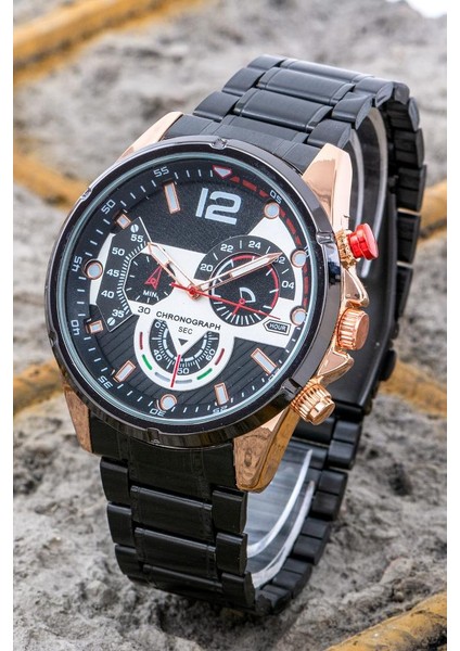 Yeni Sezon Erkek Saati Siyah Çelik Kordon Tasarım Kadran Analog Chronograph ST-304207 modelleri