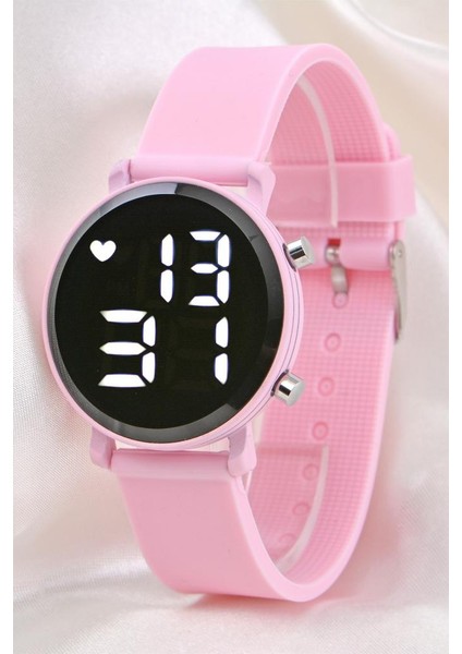 Toz Pembe Renk Silikon Kordon Orta Kasa LED Kadın Genç Kız Saati ST-304117