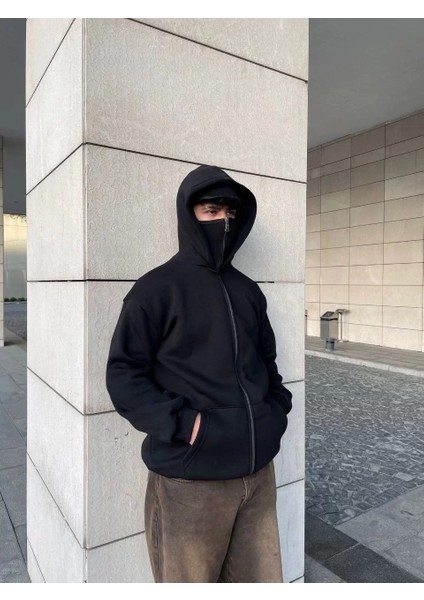 Samuray Kapüşonlu Zıp Fermuarlı Kapüşonlu Sweatshirt - Siyah