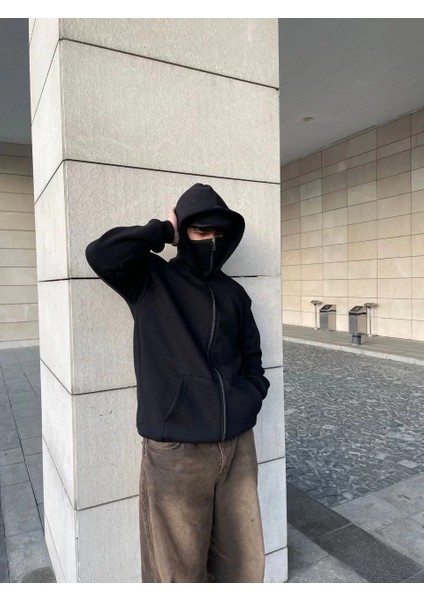 Samuray Kapüşonlu Zıp Fermuarlı Kapüşonlu Sweatshirt - Siyah