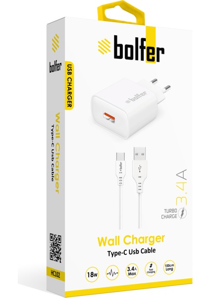 USB Ev Tipi Şarj Aleti Type-C Qc 3.4 A 18 W