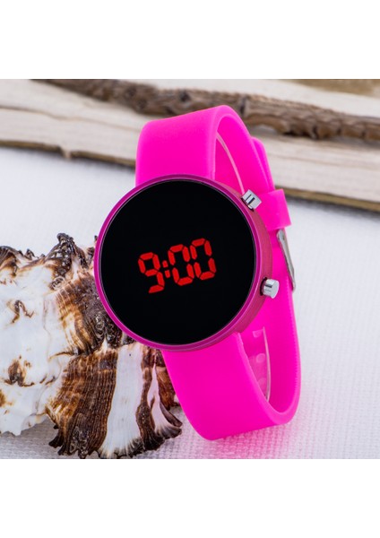 Pembe Yuvarlak Dijital LED Ekran Pembe Silikon Kordonlu Bayan Saat ST-303621