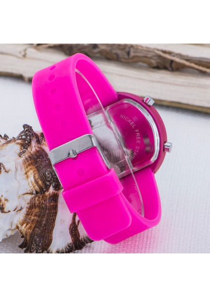 Pembe Yuvarlak Dijital LED Ekran Pembe Silikon Kordonlu Bayan Saat ST-303621 modelleri