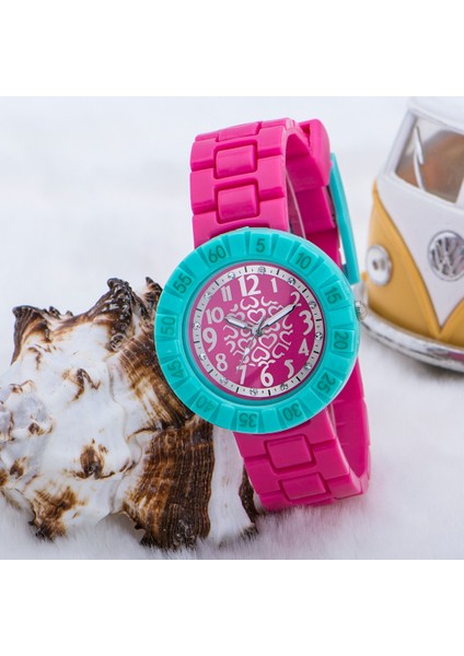 Kalp Tasarımlı Kadran Fuşya Silikon Kordon Turkuaz Çocuk Saati ST-303594 indirimleri