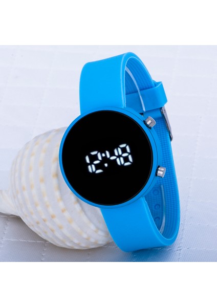 Yuvarlak Dijital LED Ekran Mat Mavi Silikon Kordonlu Unisex Saat ST-303586