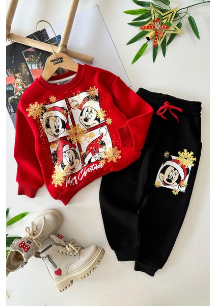 Mnn Mcky Karakter Baskılı Yılbaşı Konsept Unisex çocuk takım - Kırmızı-Siyah