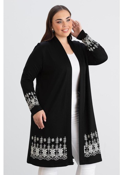 For Esra Bıg Trend Kadın Büyük Beden Kol Etek Ucu Çiçek Desen Baskı Ön Açık Esnek Uzun Viskon Hırka ( Uzunluk 100 cm