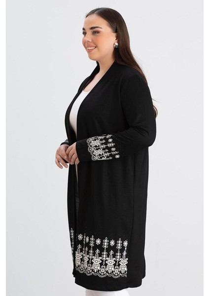 For Esra Bıg Trend Kadın Büyük Beden Kol Etek Ucu Çiçek Desen Baskı Ön Açık Esnek Uzun Viskon Hırka ( Uzunluk 100 cm modelleri