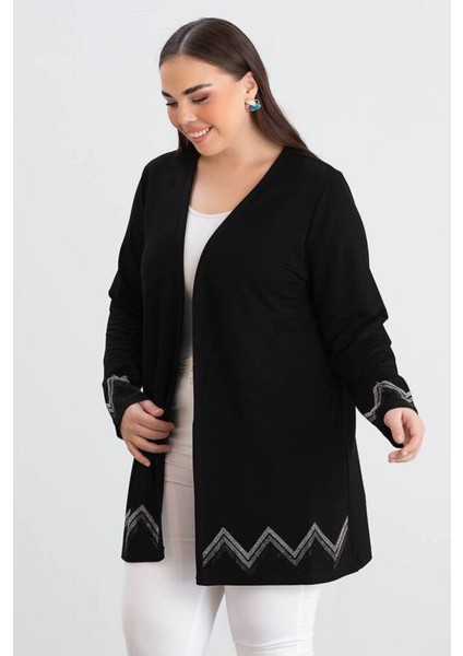 For Esra Bıg Trend Kadın Büyük Beden Kol Etek Ucu Zigzag Taş Detay Ön Açık Esnek Viskon Midi Boy Hırka