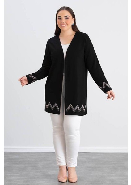 For Esra Bıg Trend Kadın Büyük Beden Kol Etek Ucu Zigzag Taş Detay Ön Açık Esnek Viskon Midi Boy Hırka fırsatları