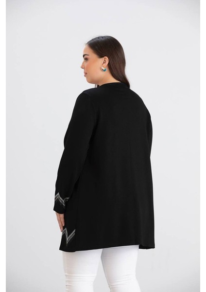 For Esra Bıg Trend Kadın Büyük Beden Kol Etek Ucu Zigzag Taş Detay Ön Açık Esnek Viskon Midi Boy Hırka indirimleri