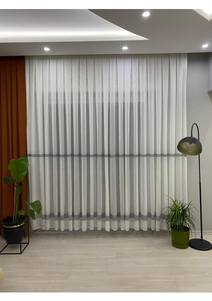Ekru Renkli Keten Zeminli Gri Bantlı 1/3 Sık Pileli Modern Tül Perde fırsatları