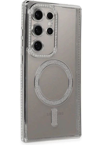 Samsung Galaxy S24 Ultra Kılıf Simli ve Taşlı Tasarımlı Magsafe Özellikli Kapak