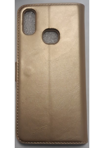 Samsung A10S Silikon Kasalı Çift Para Bölmeli Standlı Kartlıklı Lüx Gold Cüzdan Kılıf