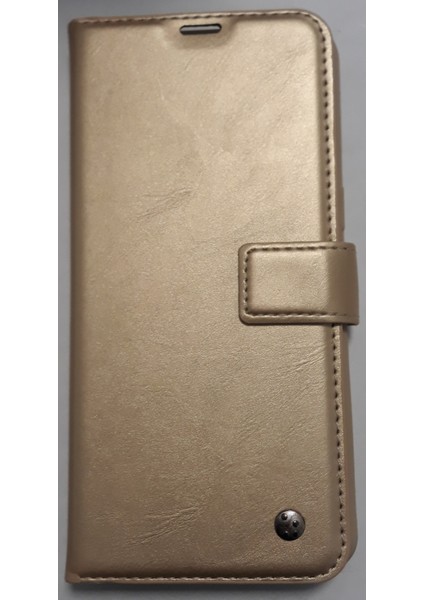 Samsung A10S Silikon Kasalı Çift Para Bölmeli Standlı Kartlıklı Lüx Gold Cüzdan Kılıf