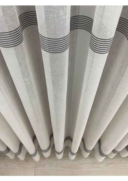 Brillant Wilson Ekru Renkli Keten Zeminli Gri Bantlı 1/3 Sık Pileli Modern Tül Perde