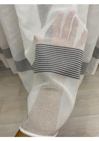 Brillant Wilson Ekru Renkli Keten Zeminli Gri Bantlı 1/3 Sık Pileli Modern Tül Perde fiyatları