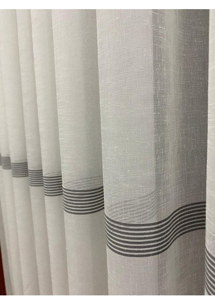 Brillant Wilson Ekru Renkli Keten Zeminli Gri Bantlı 1/3 Sık Pileli Modern Tül Perde modelleri