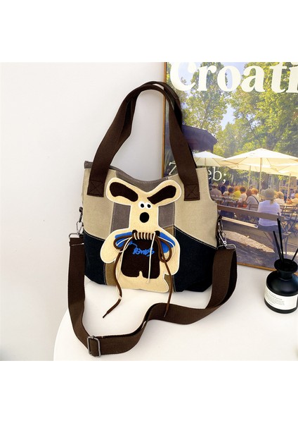 Yavru Köpek Büyük Kapasiteli Işe Gidip Geliş Crossbody Çanta Japon Kontrast Renkli El Çantası Kanvas (Yurt Dışından)