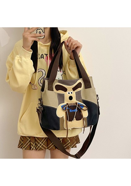 Yavru Köpek Büyük Kapasiteli Işe Gidip Geliş Crossbody Çanta Japon Kontrast Renkli El Çantası Kanvas (Yurt Dışından) fırsatları