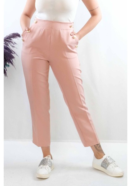 Düğme Aksesuarlı Yüksek Bel Pantolon Pudra