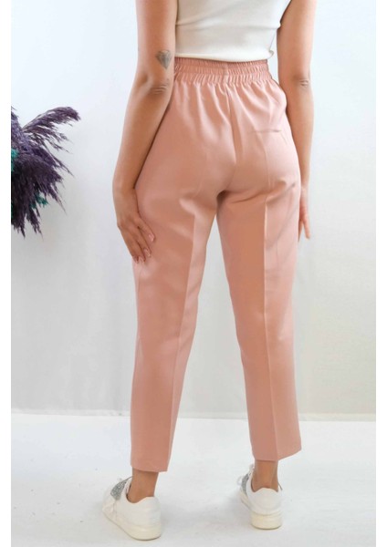Düğme Aksesuarlı Yüksek Bel Pantolon Pudra modelleri