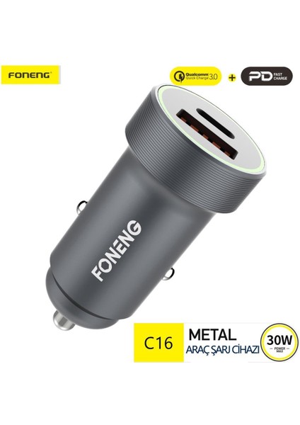C16 30W USB-C 1 Port USB 1 Port Araç içi Hızlı Şarj Aleti Samsung PPS Destekli Akım Korumalı Güç Adaptörü iPhone & Android & iPad Type-C PD 3.0 30W + QC 3.0 18W -