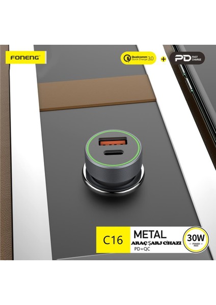 C16 30W USB-C 1 Port USB 1 Port Araç içi Hızlı Şarj Aleti Samsung PPS Destekli Akım Korumalı Güç Adaptörü iPhone & Android & iPad Type-C PD 3.0 30W + QC 3.0 18W -