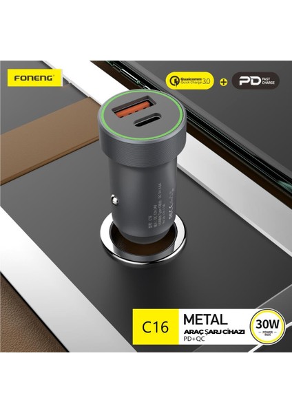C16 30W USB-C 1 Port USB 1 Port Araç içi Hızlı Şarj Aleti Samsung PPS Destekli Akım Korumalı Güç Adaptörü iPhone & Android & iPad Type-C PD 3.0 30W + QC 3.0 18W -