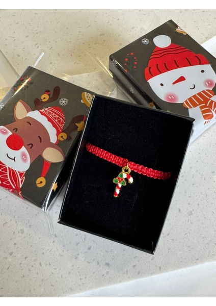 Yılbaşı Temalı Altın Kaplama Charm Örgü Bileklik - Kırmızı