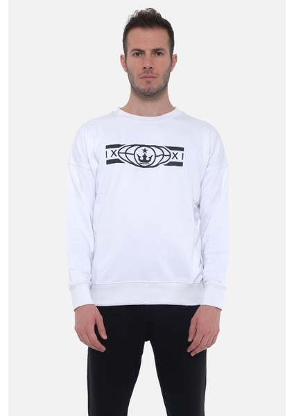 Erkek Oversize Bisiklet Yaka Libingahope Baskılı Beyaz Sweatshirt M Lbg 1b