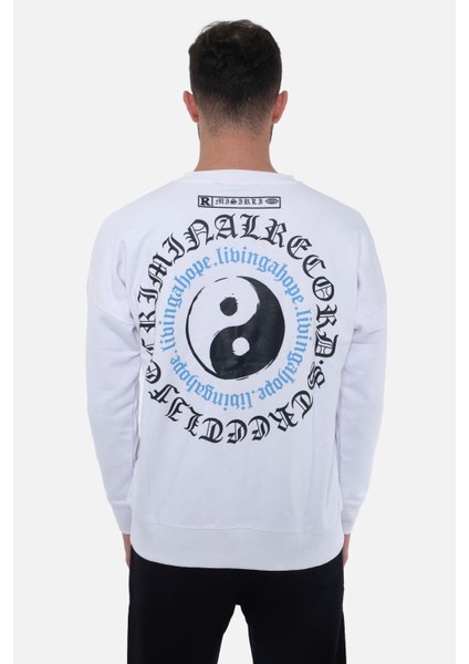 Erkek Oversize Bisiklet Yaka Libingahope Baskılı Beyaz Sweatshirt M Lbg 1b