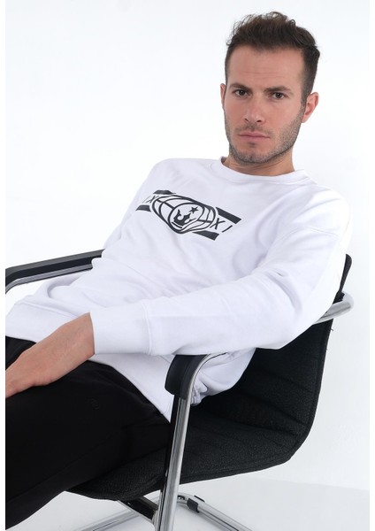 Erkek Oversize Bisiklet Yaka Libingahope Baskılı Beyaz Sweatshirt M Lbg 1b