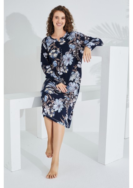 %100 Pamuk Uzun Kol Kadın Elbise Gecelik 91307