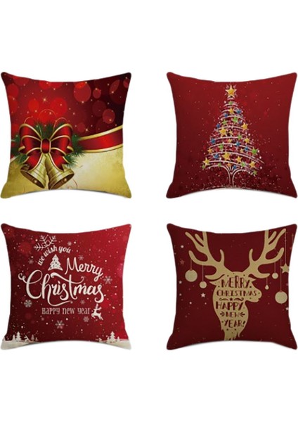 4 Adet Noel Kare Yastık Ev Dekor Keten Yastık Kılıfı Yastık Kapakları Kanepe Araba Kırmızı Desen Hediye 45X45 Cm,наволочка (Yurt Dışından)