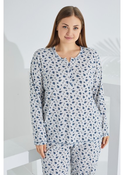 %100 Pamuk Uzun Kol Büyük Beden Kadın Pijama Takımı 98280BB