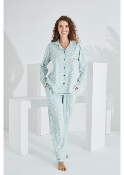 %100 Pamuk Uzun Kol Önden Düğmeli Kadın Pijama Takımı 98228-29
