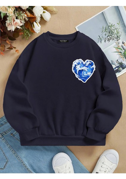 Oversize Bisiklet Yaka Basic Ocean Heart Baskılı Sweatshirt - Lacivert