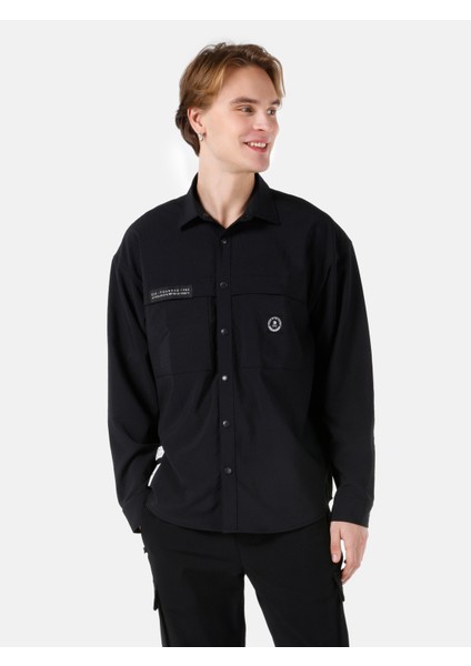 Comfort Fit Shirt Neck Düz Erkek Siyah Uzun Kol Gömlek Cl1068193
