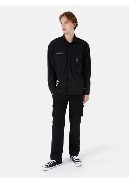 Comfort Fit Shirt Neck Düz Erkek Siyah Uzun Kol Gömlek Cl1068193 modelleri