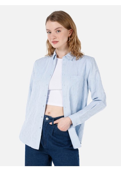 Regular Fit Shirt Neck Kadın Mavi Uzun Kol Gömlek Cl1067335