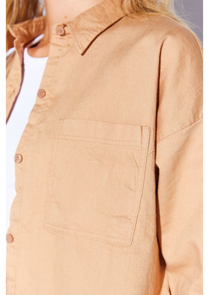 Camel Oversize Tek Cepli Gabardin Rahat Kesim Soft Dokulu Pamuk Kadın Gömlek | MKW168174-01
