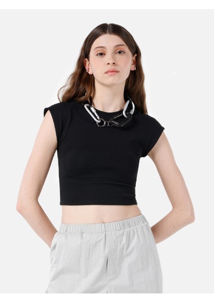Slim Fit Yuvarlak Yaka Kadın Siyah Kısa Kol Tişört Cl1068561