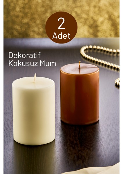 2'li Dekoratif Mum Seti - Hediyelik Mum - Krem ve Kahverengi Mum