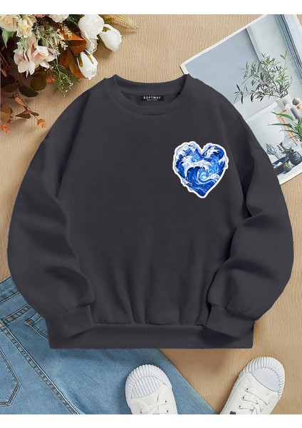 Oversize Bisiklet Yaka Basic Ocean Heart Baskılı Sweatshirt - Füme