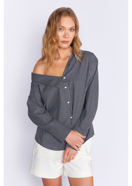 Siyah Asimetrik Uzun Kollu Çizgili Gömlek | MKS169141-01 fiyatları